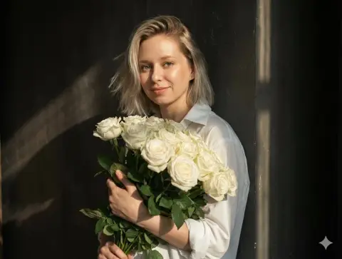 Shimmer girl holding white rose