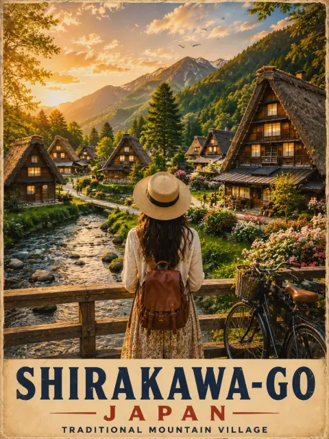 Shirakawago retro travel poster golden sunset