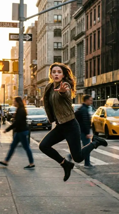 Shocked girl jumping in the air on the streets of New York