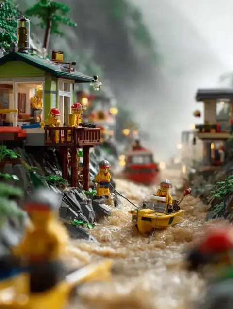 Shocking flash flood rescue scene built with LEGO bricks