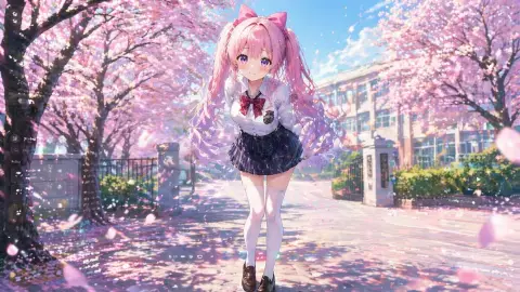 Shy girl with ponytails under the cherry blossom tree