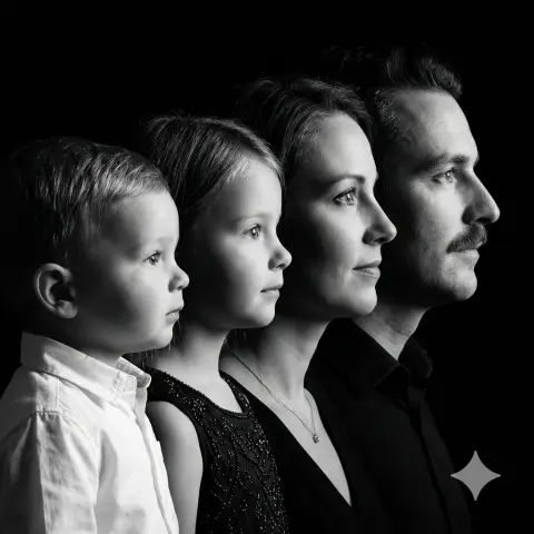 Silhouette of a family of four under eternal black and white light and shadow