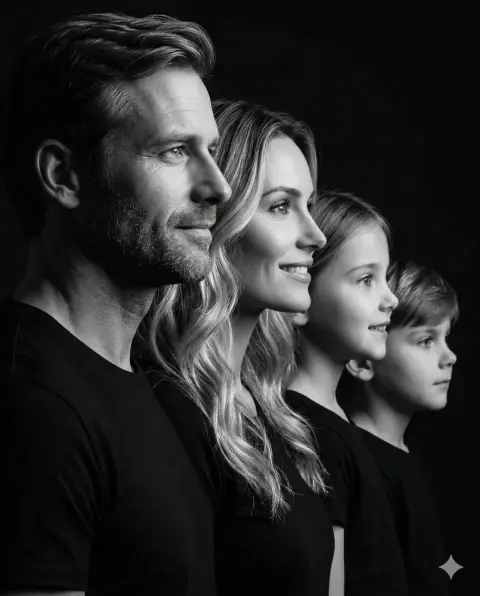 Silhouette portrait of a family of four under dramatic light and shadow