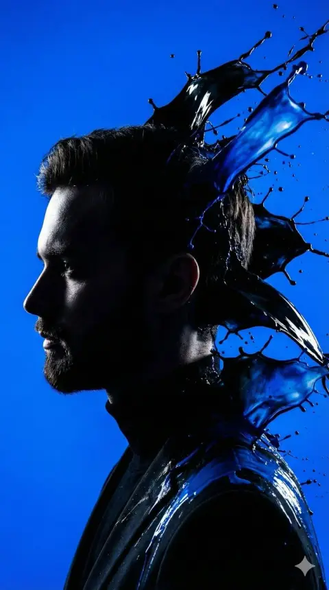 Silhouette profile of burst of splash on electric blue background