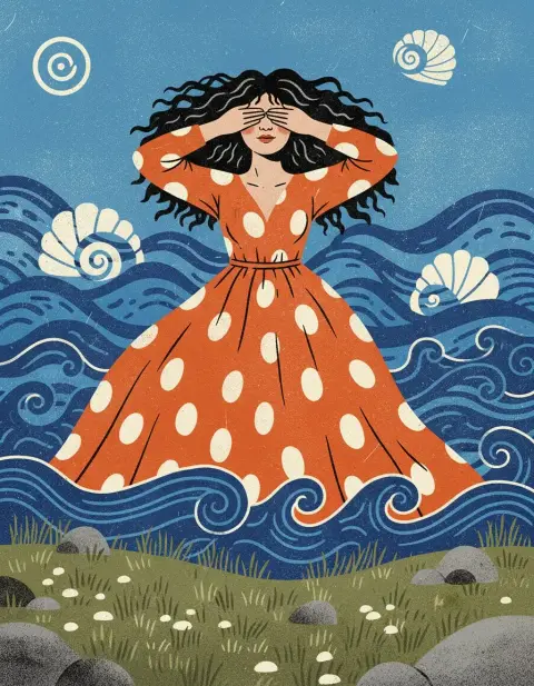 Silk screen printing of a polka dot girl walking in the sea of ​​wind