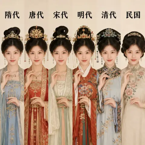 Six-square grid portrait puzzle of Chinese costumes from past dynasties