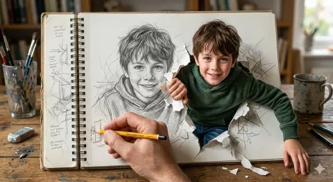 Sketch boy emerging from paper