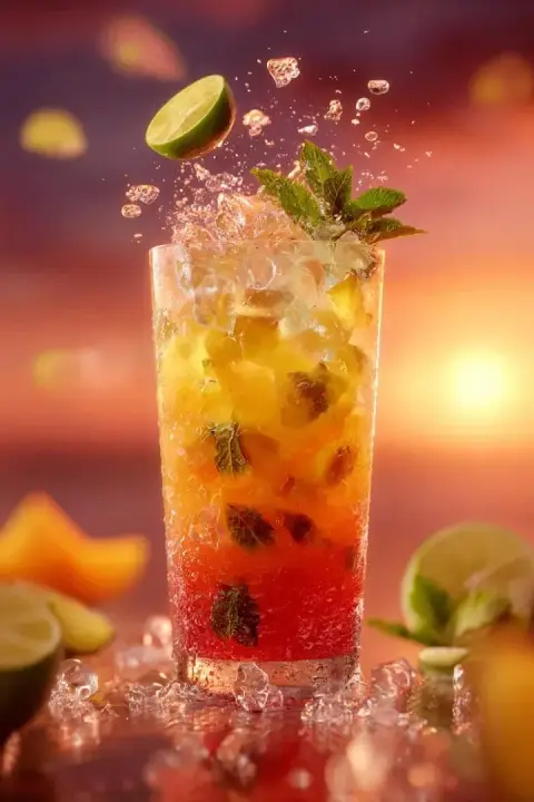 Slow motion illusion of suspended freshly squeezed orange juice