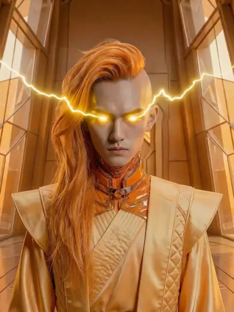 Slow zoom out in a futuristic golden temple corridor from a close-up of a long-haired ethereal, strong Asian warrior monk matching the close up portriat reference image, his asymmetric orange hair and ornate metallic robe glowing with sculpted cinematic lighting, as thin golden electric bolts begin pulsing from his hair, pupils, gold highlights rippling across his face and outfit; over 10 seconds the camera smoothly widens while the electric static intensifies, lifting his hair upward, standing completely straight and tall, with swirling electric bolts, until he transitions into a serene Shaolin monk sitting pose centered in the hall, glowing yellow pupils with electric bolts, hands in a focused mudra, as golden lightning bolts strikes down from above around him on the polished floor in ultra-detailed, master-quality.