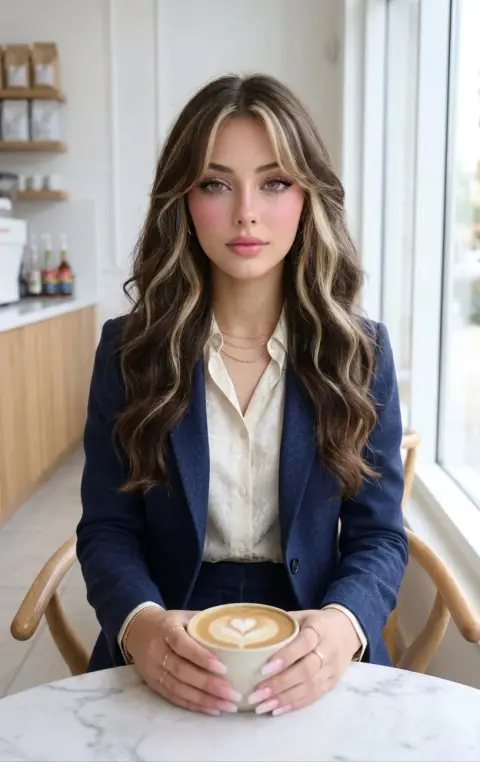 SLR portrait of beautiful woman with cream tube top in high-end cafe