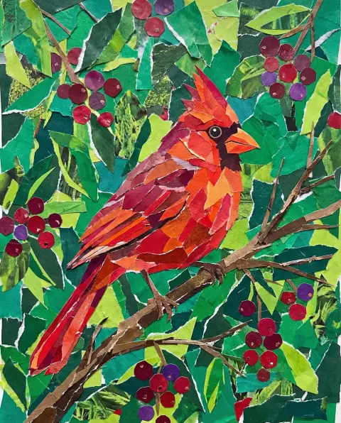 Smart cardinal in torn paper collage