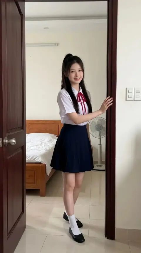 Smartphone documentary photography of East Asian female students in Vietnamese bedroom