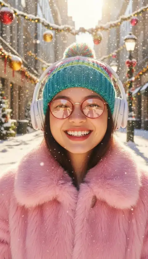 Smiling girl in pink fur in the snow