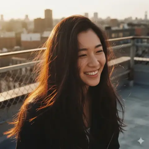 Smiling girl under sunset on city rooftop