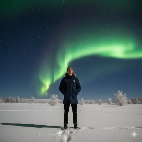 Smiling portrait of a smiling person looking up at the stars in the snow under the beautiful aurora