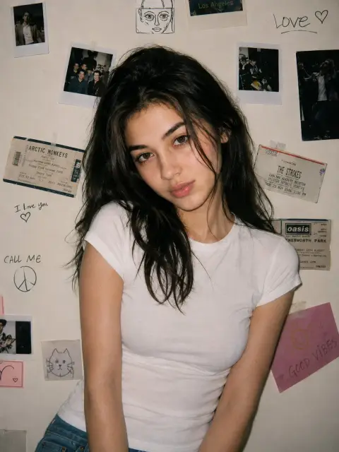 Snapshot of a girl in a white T-shirt with a retro film look in the 1990s