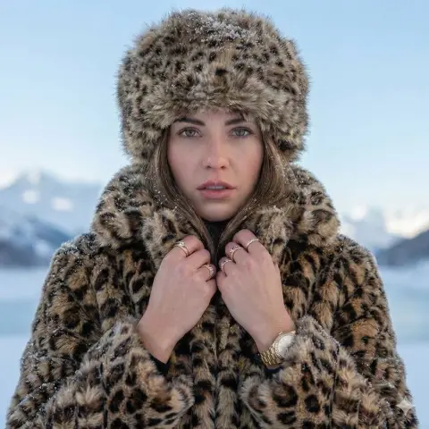 Snowy Passion: Close-up of beauties in leopard print fur