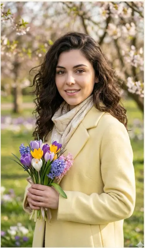 Soft light girl greeting card in early spring flowers