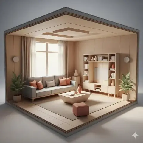 Soft pastel origami living room section