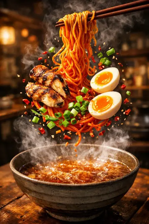 Spicy ramen suspended in slow motion