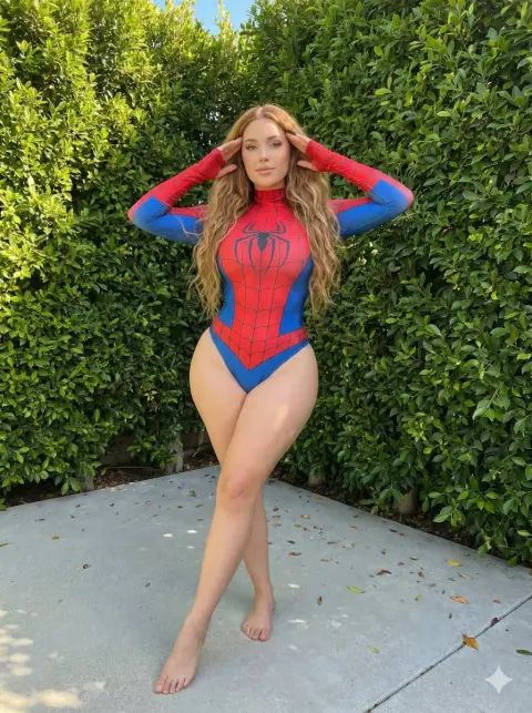 Spider-Woman tights photo in the sunny courtyard