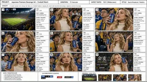 Sports advertising storyboard hyper-realistic blond woman in football stadium