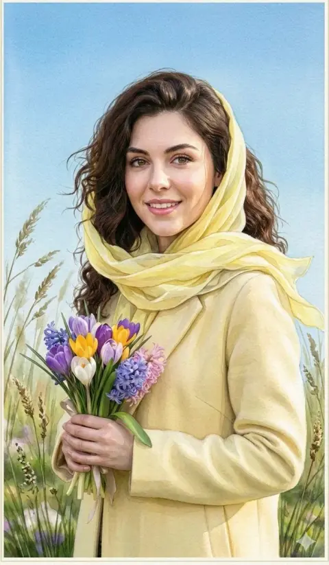 Spring watercolor girl holding hyacinth in hand