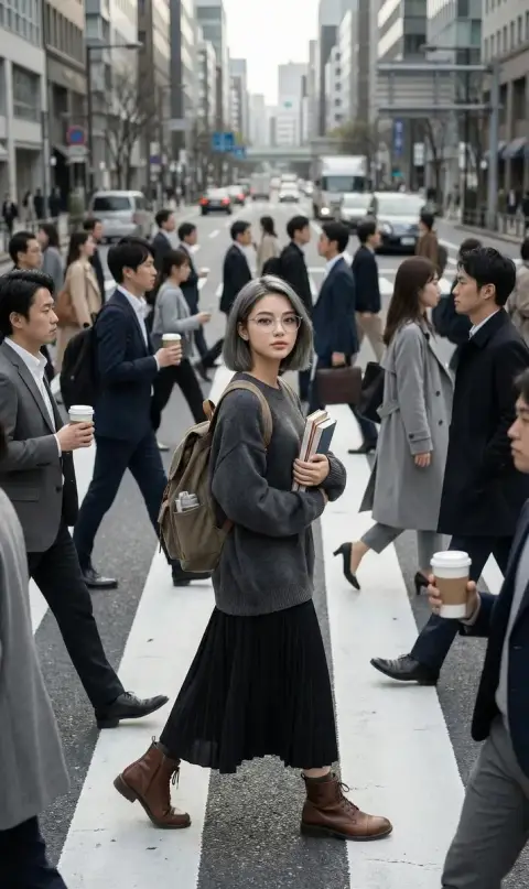Still girl on the bustling street