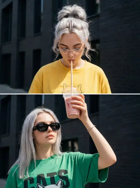 Strawberry milkshake twin girls spliced ​​photos