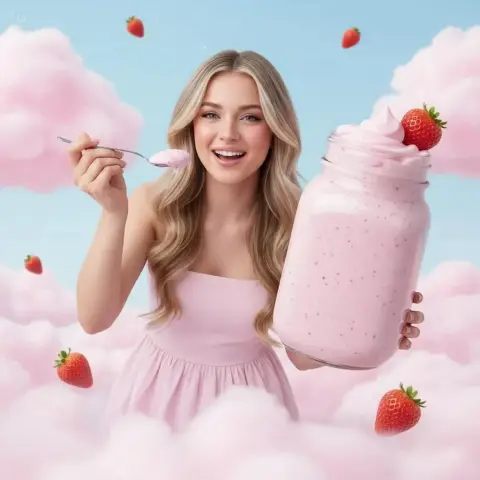 Strawberry yogurt girl floating in a sea of ​​pink clouds