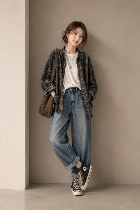 Street fashion full body portrait of East Asian woman on minimalist background