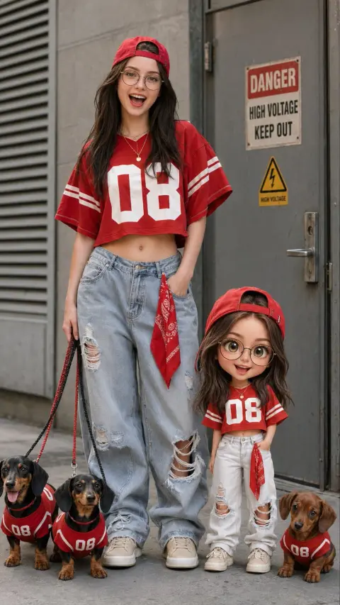 Street fashion girl in red jersey with Q version doll and dachshund