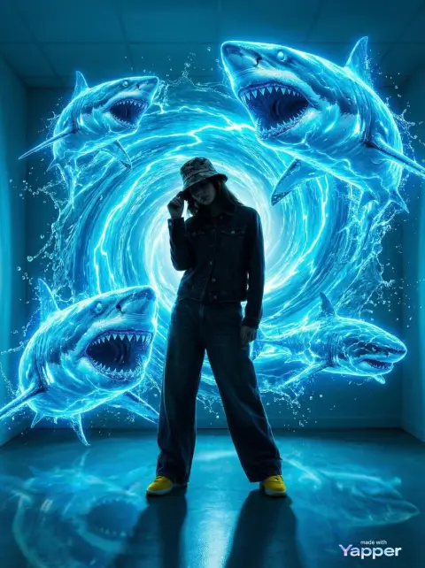 Street hipsters summon blue energy giant sharks