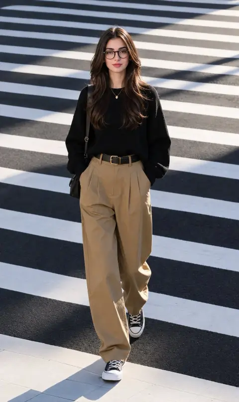 Street photography of fashionable women at urban zebra crossing