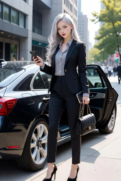 Street shot of elite women with long silver hair and black suits in the workplace