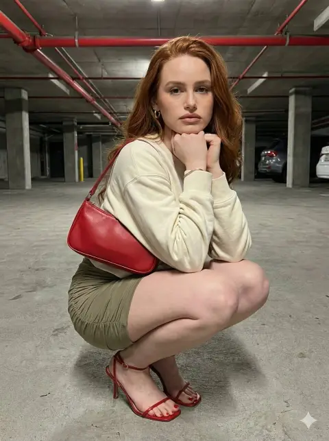 Street shot of a fashionable red-haired girl in an industrial style parking lot