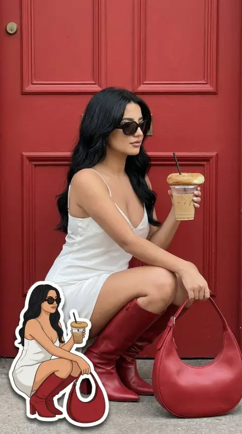 Street shot of the girl in red dress and her two-dimensional sticker clone