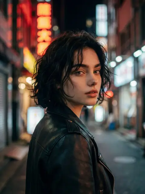 Street shot of a beautiful urban girl looking back under the neon night