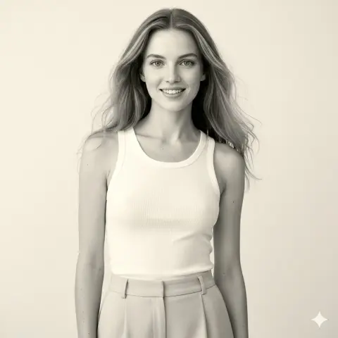 Studio black and white photo: girl’s charming smile