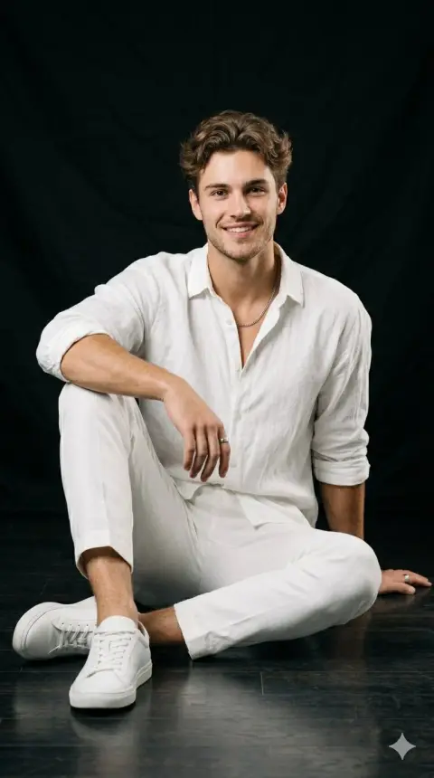 Studio photo of handsome man in white linen shirt