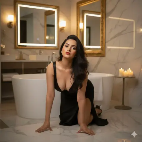 Stunning mirror selfie of the beauty in red dress in luxurious bedroom