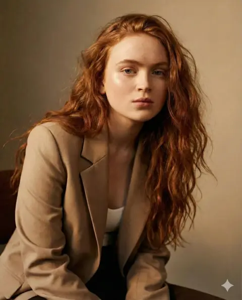 Stunning red-haired supermodel reaches out to touch the camera in a fashion shoot