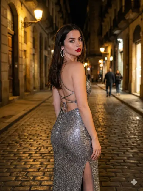 Stunning red lips, liquid silver dress, charming look back at night