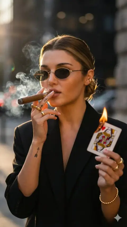 Stylish blonde tattooed girl smoking cigar under sunset backlight