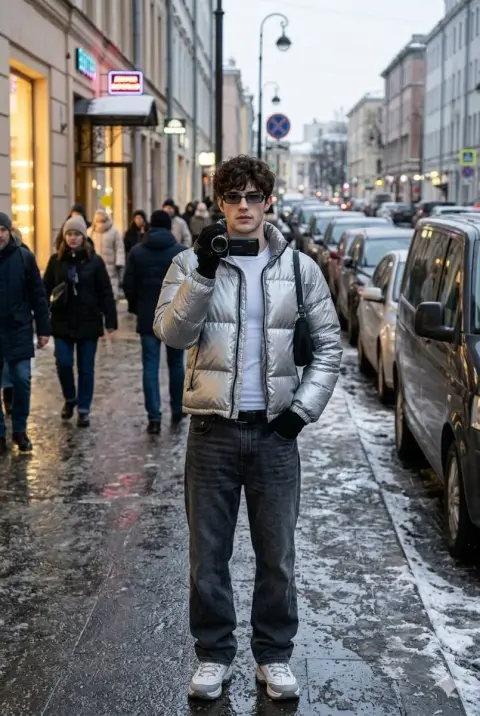 Stylish man holding camera on street in neon winter night