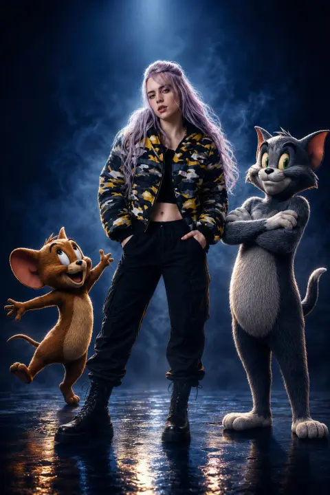 Stylish woman posing with cat and mouse 3D animated characters