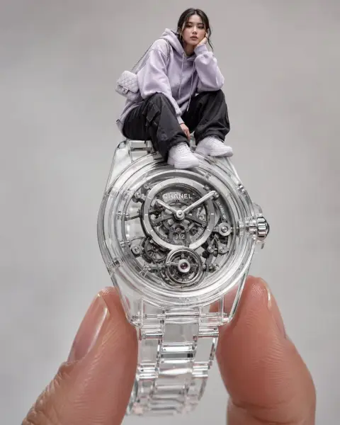 Stylish woman sitting on huge transparent watch