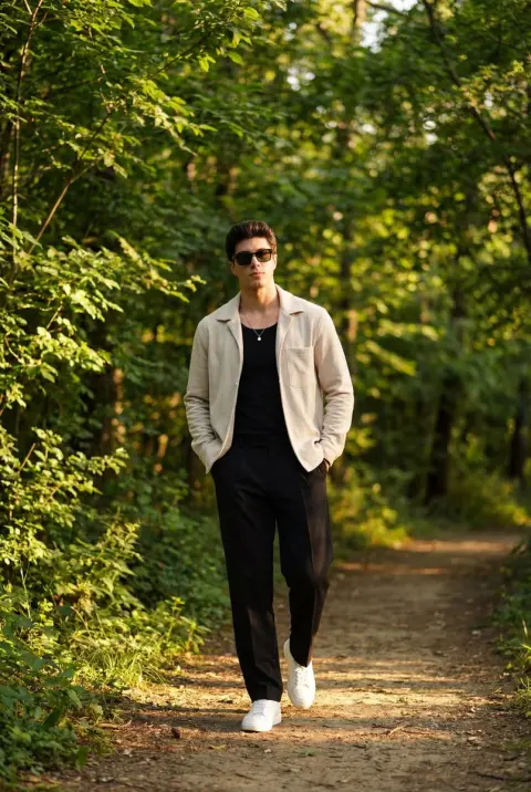 Stylish young man walking in the forest in the sunshine