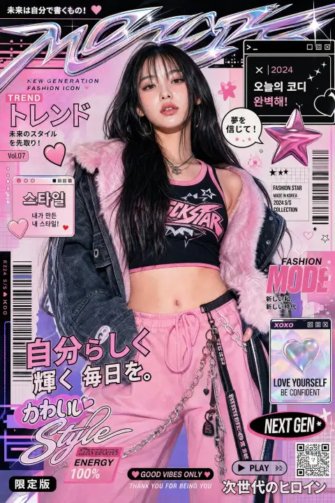 Stylized Asian women luxury fashion Y2K poster
