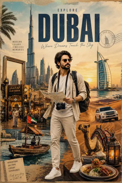 Stylized travel poster for international tourists in Dubai